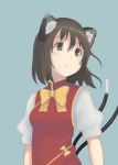  1girl animal_ears blue_background brown_eyes brown_hair cat_ears cat_tail chen earrings highres jewelry kujou_natsume multiple_tails no_hat short_hair simple_background solo tail touhou 