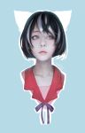  1girl animal_ears blue_eyes cat_ears deviantart_thumbnail hanekawa_tsubasa highres lips looking_away monogatari_(series) multicolored_hair nekomonogatari portrait realistic school_uniform short_hair solo upper_body zionenciel 