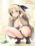  1girl bikini_top blonde_hair blue_eyes breasts cellphone hair_ribbon hands_on_headphones headphones highres jacket katharine_ohare large_breasts long_hair long_sleeves mishiro_shinza navel phone ponytail ribbon short_shorts shorts smartphone smile socks solo squatting strike_witches tears 