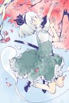  1girl ascot black_eyes black_shoes bobby_socks bow bowtie branch cherry_blossoms cherry_trees dress_shirt flower ghost green_eyes green_skirt green_vest hair_bow hairband hitodama katana kiguchiko konpaku_youmu konpaku_youmu_(ghost) legs_up mary_janes petals plant puffy_short_sleeves puffy_sleeves ribbon scabbard sheath sheathed shirt shoes short_hair short_sleeves silver_hair skirt socks solo sword touhou tree_branch vest weapon white_legwear white_shirt 