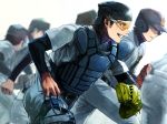  8 ace_of_diamond baseball_helmet baseball_mitt baseball_uniform brown_hair helmet mask mask_removed miyuki_kazuya number running smile sportswear sunglasses 