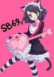  1girl :d animal_ears bell black_hair blush cat_ears cat_tail curly_hair cyan_(show_by_rock!!) guitar hair_ornament happy heart_guitar hukasikasi instrument jingle_bell looking_at_viewer open_mouth pink_background ruffled_skirt show_by_rock!! simple_background smile solo standing striped striped_legwear tail thigh-highs thighs 