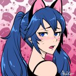  1girl akairiot alternate_hairstyle animal_ears bare_shoulders blue_eyes blue_hair blush cat_ears fire_emblem fire_emblem:_kakusei kemonomimi_mode long_hair looking_back lucina open_mouth solo spaghetti_strap twintails whiskers 