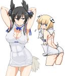  2girls animal_ears arms_behind_head arms_up ass bird_tail black_hair blonde_hair blue_eyes blush breasts butt_crack cleavage cleavage_cutout cosplay dog_ears dog_tail dominica_s_gentile dungeon_ni_deai_wo_motomeru_no_wa_machigatteiru_darou_ka embarrassed flying_sweatdrops gloves hair_ribbon haru-same head_wings hestia_(danmachi) hestia_(danmachi)_(cosplay) jane_t_godfrey long_hair multiple_girls open_mouth payot ribbon short_hair simple_background strike_witches tail violet_eyes white_background white_gloves 