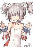  1boy bare_shoulders disgaea disgaea_d2 dress earrings fang grey_hair hair_over_eyes jewelry male_healer_(disgaea) nagase_haruhito open_mouth pointy_ears short_hair sketch solo trap twintails 