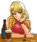  1girl akairiot alcohol bandaid bangs beer blonde_hair blue_eyes blush bottle bracelet breasts casual chin_rest eyeliner hair_ornament hairclip jewelry large_breasts light_smile lips long_hair makeup metroid mole ring samus_aran smile solo swept_bangs t-shirt taut_clothes watch watch 