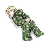  1girl anya_(dutchko) blonde_hair camouflage dutchko klmk_(camo) lying military military_uniform on_stomach original ponytail soldier tagme tied_up unconscious uniform 