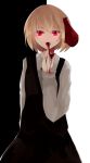  1girl black_background blonde_hair blood blood_on_fingers bloody_clothes bloody_hands finger_in_mouth hair_ribbon highres ogami_ren red_eyes ribbon rumia shirt short_hair skirt touhou two-tone_background vest white_background wing_collar 