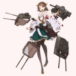  1girl armpits brown_hair character_request detached_sleeves hair_ornament hairband happy kantai_collection katsuragi_(osaka8o2) looking_at_viewer open_mouth short_hair simple_background skirt smile solo standing tagme thigh-highs thighs 