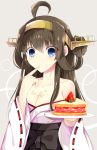  1girl ahoge blue_eyes breasts brown_hair cleavage double_bun food food_on_body fruit hairband highres japanese_clothes kantai_collection kongou_(kantai_collection) long_hair myuton nontraditional_miko pie strawberry 
