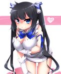  1girl arm_ribbon bare_shoulders black_hair blue_eyes blush bow bowtie breast_hold breasts cleavage cleavage_cutout dress dungeon_ni_deai_wo_motomeru_no_wa_machigatteiru_darou_ka elbow_gloves gloves hair_ornament hair_ribbon heart heart-shaped_pupils hestia_(dungeon) holding_elbow large_breasts leaning_forward long_hair looking_at_viewer ribbon short_dress sleeveless sleeveless_dress smile solo symbol-shaped_pupils twintails white_dress white_gloves 