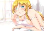  1girl :o arm_strap bare_arms blonde_hair blue_eyes blush breasts chin_rest cleavage long_hair looking_at_viewer open_mouth original sideboob solo usyuuri 