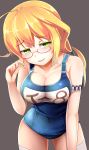  1girl blonde_hair blush breasts glasses green_eyes highres i-8_(kantai_collection) kantai_collection kuku123 large_breasts long_hair red-framed_glasses school_swimsuit semi-rimless_glasses simple_background smile solo swimsuit thigh-highs under-rim_glasses 
