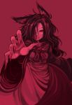  animal_ears clenched_teeth dress fingernails foreshortening harusame_(unmei_no_ikasumi) imaizumi_kagerou long_hair messy_hair red red_background red_eyes red_fingernails touhou wavy_hair wide_sleeves wolf_ears 