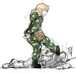  1boy 1girl anya_(dutchko) blonde_hair boots camouflage dutchko kicking klmk_(camo) military military_uniform original ponytail pouches short_hair soldier tied_up uniform 