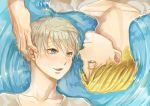  2boys aldnoah.zero blonde_hair blue_eyes blush cruhteo kisato lying multiple_boys silver_hair slaine_troyard water 