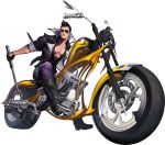  1boy aviator_glasses black_gloves boots brown_hair chaos_online gloves highres jacket kanzel_(chaos_online) looking_at_viewer love_cacao male_focus motor_vehicle motorcycle official_art open_clothes open_jacket short_hair simple_background solo sunglasses transparent_background vehicle 