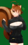  1girl ;p animal_ears antenna_hair belt blazblue breasts brown_eyes brown_hair cleavage cleavage_cutout gomako green_background head_tilt large_breasts makoto_nanaya miniskirt one_eye_closed open-chest_sweater ribbed_sweater short_hair skirt sleeves_past_wrists solo squirrel_ears squirrel_tail sweater tail thigh_gap tongue tongue_out turtleneck 