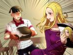  1boy 1girl black_hair blonde_hair brother_and_sister emphasis_lines higashikata_hato higashikata_joushuu jojo_no_kimyou_na_bouken jojolion magazine mittens nanmai_da rice_cooker siblings 