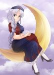  1girl blue_eyes braid clouds cloudy_sky crescent_moon crossed_legs frilled_skirt frills hands_on_lap hat high_heels inaba_shounosuke long_hair looking_at_viewer moon nurse_cap pantyhose ponytail silver_hair sitting sitting_on_object skirt sky smile solo touhou trigram very_long_hair yagokoro_eirin 