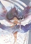  1girl angel_wings bare_arms bare_legs bare_shoulders commentary dragon dress highres long_hair looking_at_viewer original personification pixiv_fantasia_t polearm silver_hair sishenfan solo spear strapless_dress very_long_hair weapon white_dress white_hair wind wings yellow_eyes 