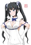  1girl bare_shoulders black_hair blue_eyes breasts cleavage_cutout dress dungeon_ni_deai_wo_motomeru_no_wa_machigatteiru_darou_ka gloves hair_ribbon hands_on_hips hestia_(danmachi) highres large_breasts long_hair ribbon smile solo twintails white_dress white_gloves yano_toshinori 