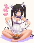  1girl barefoot black_hair blue_eyes breasts cleavage clenched_teeth covered_navel dungeon_ni_deai_wo_motomeru_no_wa_machigatteiru_darou_ka food gloves hestia_(dungeon) highres indian_style long_hair sitting smile solo tsukigami_chronica twintails white_gloves 