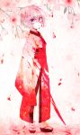  1girl blood blood_on_face bloody_clothes cherry_blossoms female highres japanese_clothes kimono minigirl needle no_hat obi petals purple_hair sash shimana_(cs-ts-az) short_hair solo sukuna_shinmyoumaru touhou violet_eyes 