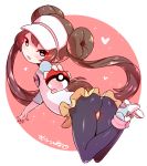  1girl ass black_legwear blue_eyes blush born-to-die brown_hair double_bun hat long_hair mei_(pokemon) open_mouth pantyhose poke_ball pokemon pokemon_(game) pokemon_bw2 raglan_sleeves shorts smile solo twintails visor_cap 