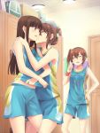  ^_^ bag basketball_uniform brown_hair cheek_kiss closed_eyes door handbag indoors jersey kiss locker_room mylovelydevil open_mouth original shorts side_ponytail smile sportswear sweatdrop wristband yuri 