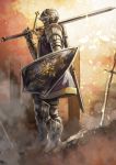  1boy armor dark_souls full_armor gauntlets helmet highres knight koruse scabbard sheath shield solo souls_(from_software) sword weapon 