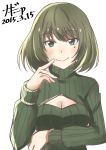  1girl blue_eyes blush breasts brown_hair cleavage finger_to_mouth green_eyes heterochromia idolmaster idolmaster_cinderella_girls looking_at_viewer mole mole_under_eye naginoya open-chest_sweater ribbed_sweater short_hair smile solo sweater takagaki_kaede turtleneck turtleneck_sweater upper_body 