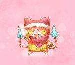  blush cat fangs jibanyan mittens multiple_tails no_humans open_mouth pink_background scarf solo steam tail two_tails umi_(srtm07) winter youkai youkai_watch 