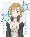  1girl bare_shoulders blush brown_hair clothes_writing e_moegi green_eyes headphones highres idolmaster idolmaster_cinderella_girls jewelry looking_at_viewer necklace short_hair smile solo tada_riina 