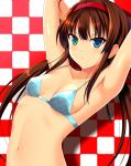  1girl ahoge arms_up bikini blue_eyes blush breasts brown_hair green_eyes hairband heterochromia kyoku_tou long_hair navel ryoubi_(senran_kagura) senran_kagura_(series) senran_kagura_shinovi_versus small_breasts solo swimsuit twintails 