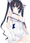  1girl absurdres arm_ribbon bare_shoulders black_hair blue_eyes blush breasts cleavage cleavage_cutout dress dungeon_ni_deai_wo_motomeru_no_wa_machigatteiru_darou_ka gloves hair_ornament hair_ribbon hestia_(danmachi) highres kou_mashiro large_breasts long_hair looking_at_viewer ribbon solo twintails white_dress white_gloves 