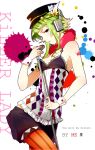  1girl brown_eyes flat_cap frills green_hair gumi hat headphones jewelry killer_lady_(vocaloid) looking_at_viewer microphone microphone_stand multicolored_nail_polish nail_polish paint_splatter pantyhose ring short_hair_with_long_locks shorts solo song_name striped striped_legwear tattoo tsukomo vertical-striped_legwear vertical_stripes vocaloid wrist_cuffs 