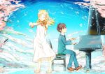  1boy 1girl arima_kousei blonde_hair bow_(instrument) brown_hair brown_shoes clouds dress glasses highres instrument miyazono_kawori ota_tamashi piano playing_instrument shigatsu_wa_kimi_no_uso shoes violin white_dress 