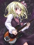  &gt;:o 1girl :o bass_guitar blonde_hair fang hair_ribbon highres instrument playing_instrument red_eyes red_ribbon ribbon rumia short_hair skirt sky star_(sky) starry_sky takanoru touhou vest 