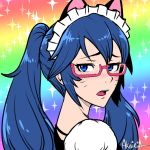  1girl akairiot alternate_costume alternate_hairstyle animal_ears bespectacled blue_eyes blue_hair cat_ears enmaided fire_emblem fire_emblem:_kakusei glasses kemonomimi_mode long_hair looking_back lucina maid maid_headdress open_mouth puffy_sleeves purple-framed_glasses rainbow_background semi-rimless_glasses solo sparkle twintails under-rim_glasses whiskers 