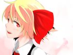  1girl blonde_hair hair_ribbon highres open_mouth portrait red_eyes ribbon rumia s-ghost shirt short_hair touhou vest wing_collar 
