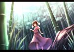  1girl absurdres animal_ears bamboo bamboo_forest brown_hair forest from_below highres inaba_tewi light_rays nature pointing rabbit_ears red_eyes short_hair solo sunbeam sunlight touhou waterdog 
