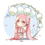  1girl alternate_color animal_ears artist_request bangs bellflower bird chibi collared_shirt detached_sleeves flower hair_flower hair_ornament hatsune_miku headphones highres kneehighs necktie original petals pink_eyes pink_hair rabbit_ears raised_hand sakura_miku skirt solo tie_clip twintails 