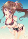  1girl artist_name bikini blush breasts brown_hair flower hair_flower hair_ornament highres imu_sanjo kantai_collection long_hair looking_at_viewer ponytail solo swimsuit violet_eyes yamato_(kantai_collection) 