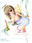  1girl absurdres angel_wings bare_shoulders blonde_hair book breasts brown_eyes cleavage collarbone dress hair_ribbon halo highres horn_(instrument) instrument jinsei kujou_fumi large_breasts mole mole_under_eye nanase_meruchi official_art open_mouth ribbon scan shawl short_sleeves simple_background skindentation smile solo thigh-highs tress_ribbon white_background white_dress white_legwear wings 