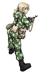  1girl anya_(dutchko) blonde_hair blue_eyes boots camouflage dragunov_svd dutchko gun looking_at_viewer looking_back military military_uniform original ponytail pouches rifle short_hair shovel sniper_rifle solo tagme trigger_discipline uniform weapon worktool 