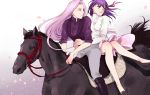  2girls fate/stay_night fate_(series) highres horseback_riding long_hair matou_sakura multiple_girls pink_eyes pink_hair purple_hair reverse_trap rider riding saddle violet_eyes waist_hold 