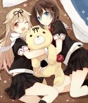  2girls a_(artist) black_hair blonde_hair blue_eyes braid gloves hair_ornament hair_ribbon hairclip kantai_collection long_hair lying multiple_girls red_eyes remodel_(kantai_collection) ribbon school_uniform serafuku shigure_(kantai_collection) smile stuffed_animal stuffed_toy teddy_bear winking yuudachi_(kantai_collection) 