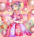  1girl candy candy_candy_(song) carrot disco_ball dress food_in_mouth gloves goggles goggles_on_head green_eyes green_hair gumi highres jam lollipop lyrics meishin_(primum00) mouth_hold puffy_short_sleeves puffy_sleeves short_hair_with_long_locks short_sleeves solo song_name toast toast_in_mouth two_side_up vocaloid white_gloves 