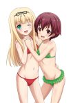  2girls absurdres bikini blonde_hair brown_eyes brown_hair green_eyes hair_ribbon highres kantai_collection long_hair multiple_girls mutsuki_(kantai_collection) one_eye_closed rere_(rere_tim) ribbon short_hair swimsuit yuudachi_(kantai_collection) 